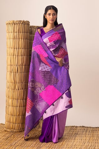 Naina Jain Purple Multi Bandhani Patchwork Saree 