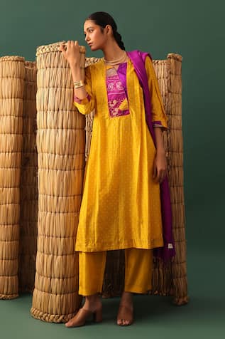 Naina Jain Patchwork Bandhani Mustard Suit Set 