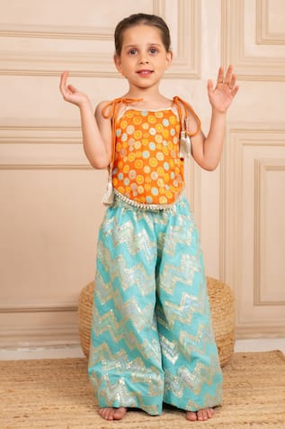 Jilmil Dreamwear Orange Embroidered Top & Aqua Palazzo Set 