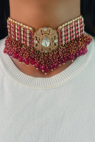 Rani Golden Floret Kundan Necklace Set 