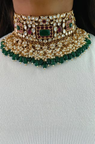 Kashi Golden Kundan Emerald Drops Necklace Set 