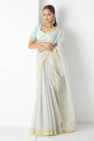 Chhaya Mehrotra Aqua Chanderi & Chiffon Saree Set 