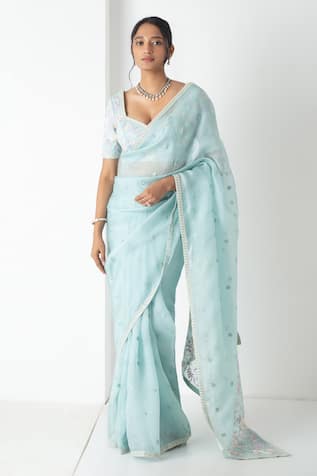 Chhaya Mehrotra Baby Blue Chanderi Saree With Stitched Blouse 