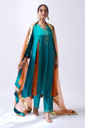 House Of Pink Deep Teal Zari Embroidered Kurta Set 