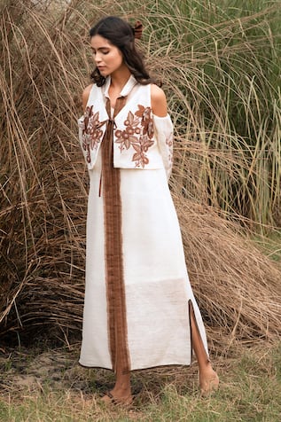 Kushani Ivory Floral Embroidered Linen Dress 