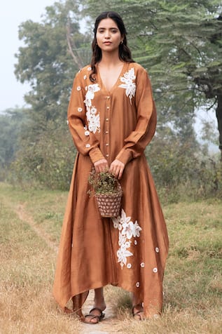 Kushani Mocha Brown Floral Embroidered Kaftan  