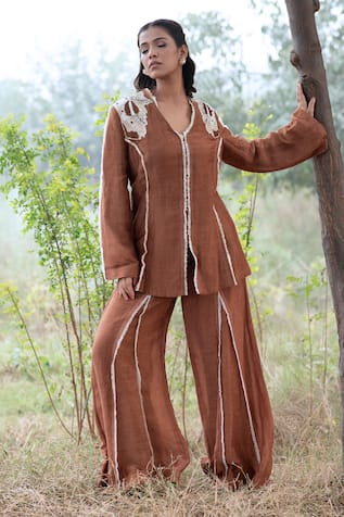 Kushani Mocha Brown Embroidered Jacket & Trouser Set 