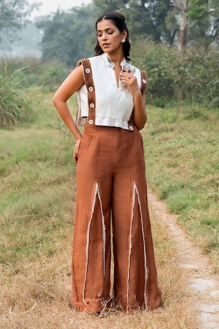 Kushani Ivory Crop Top & Mocha Brown Trouser Set 
