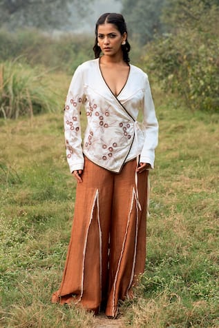 Kushani Ivory Wrap Top & Mocha Brown Trousers 