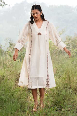 Kushani Embroidered Ivory Midi Dress 