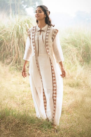 Kushani Ivory Embroidered Linen Silk Dress 