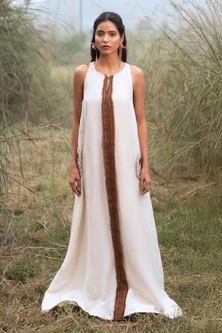 Kushani High-Neck Ivory Applique Maxi Dress 