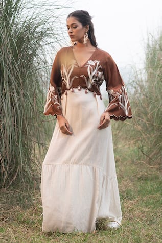 Kushani Ivory Tiered Hem Dress With Brown Bodice 