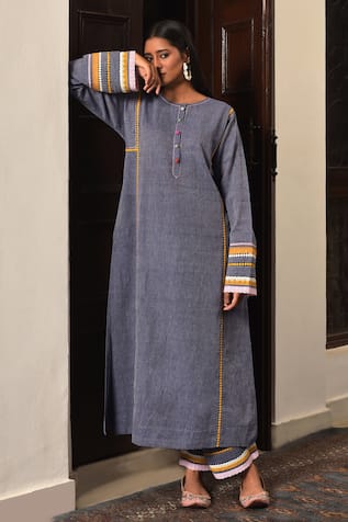 Nuhh Indigo Blue Handwoven Cotton Kurta Set 