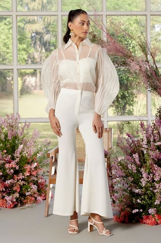 Parul And Preyanka Ivory Cording Detail Shirt & Pant Set 