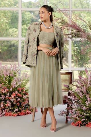 Parul And Preyanka 3D Organza Rose Blazer & Skirt Set 