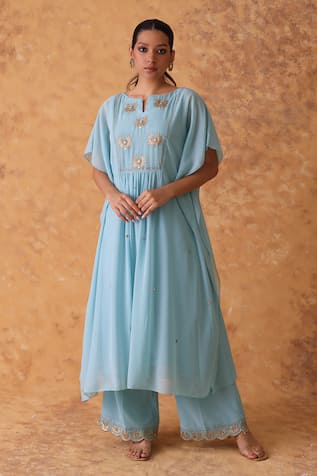 Pouli Pret Blue Zardozi Kaftan & Pant Set 