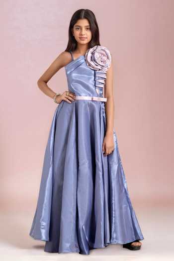Petite Pomme Designer Satin Gown with Flower Detail 
