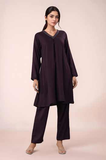 Khwaab By Sanjana Lakhani Wine Rayon Cotton Kurta Pant Set 