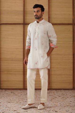 Arjan Dugal Light Grey Poppy Print Kurta Set 