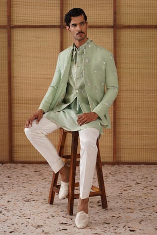 Arjan Dugal Sage Green Jaal Print Bandhgala Set 