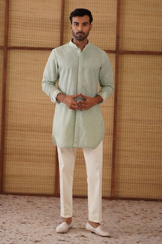 Arjan Dugal Sage Green Jaal Print Kurta Set 