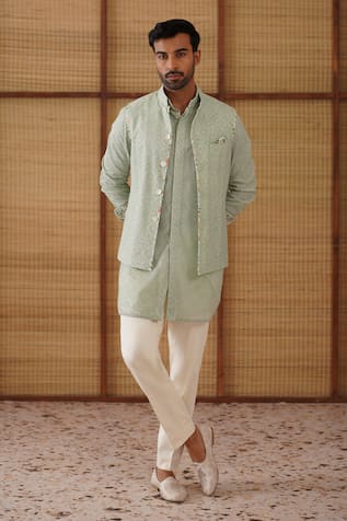 Arjan Dugal Sage Green Jaal Print Nehru Jacket Set 