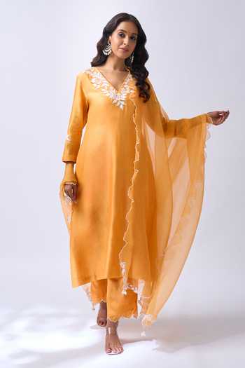 House Of Pink Light Orange Chanderi Kurta Set 
