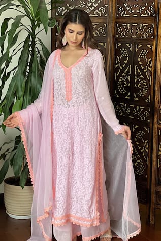 LABEL AISHWARYRIKA Pink Chikankari Lace Kurta Set 