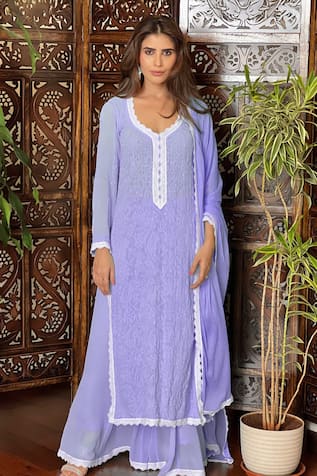 LABEL AISHWARYRIKA Mauve Eclipse Chikankari Lace Kurta Set 
