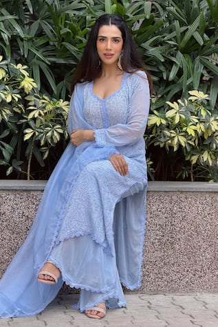 LABEL AISHWARYRIKA Jewel Blue Chikankari Kurta Set 