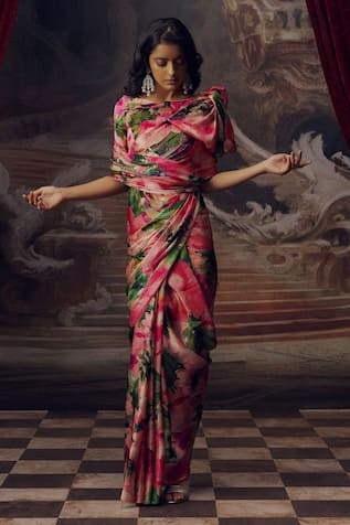 Studio 113 Floral Print Satin Silk Designer Saree 