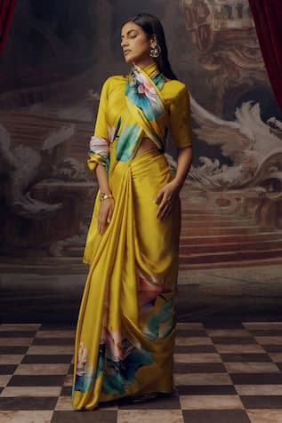Studio 113 Canary Yellow Floral Satin Silk Saree 