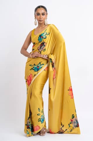 Studio 113 Floral Satin Silk Amber Yellow Saree 