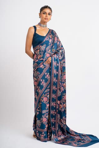 Studio 113 Prussian Blue Floral Satin Silk Saree 