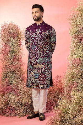 Kasbah Wine Thread Work Kurta With Embroidery 