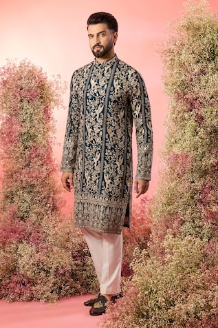 Kasbah Teal Chikankari Kurta with Zari Embroidery 