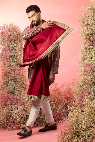 Kasbah Maroon Mirror Work Kurta With Stole 