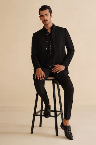 Arjan Dugal Beaded Black Bandhgala Set 