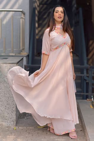LABEL AISHWARYRIKA Muted Peach Chikankari Anarkali Set 