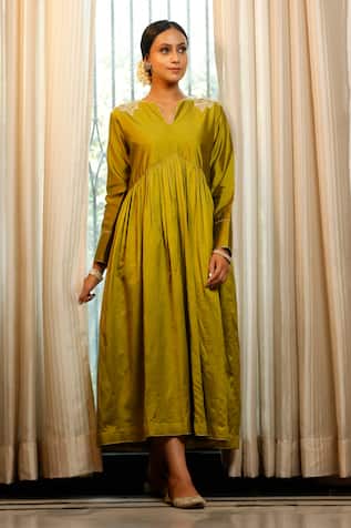 Eeda Chiniya Silk Green Anarkali Dress 