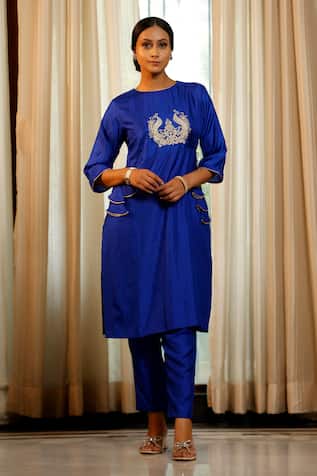 Eeda Designer Blue Chiniya Silk Kurta Pant Set 