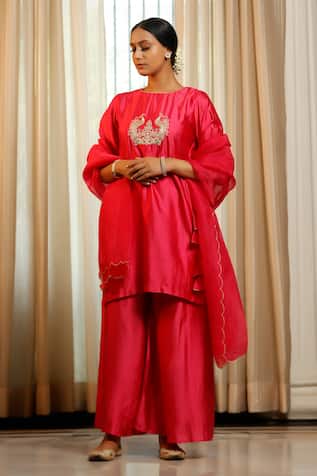 Eeda Pink Chiniya Silk Kurta Pant Set 