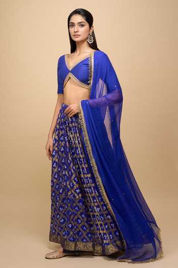 Khwaab By Sanjana Lakhani Embellished Blue Silk Blend Lehenga Set 
