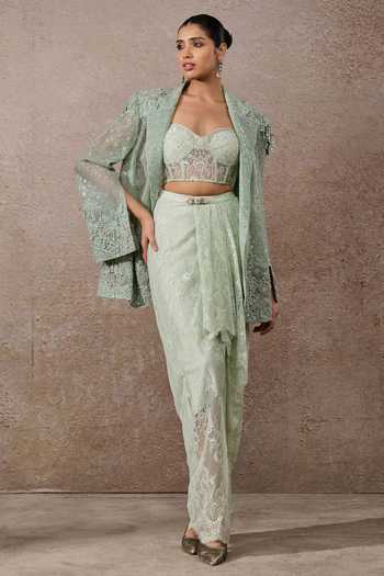Tarun Tahiliani Hand Embroidered Sheer Jacket Skirt Set 