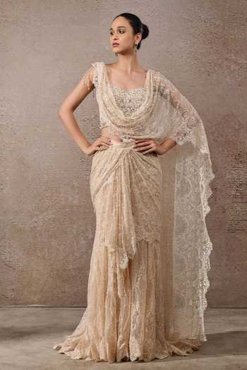 Tarun Tahiliani Embroidered Lace Pre-Draped Saree & Blouse Set 