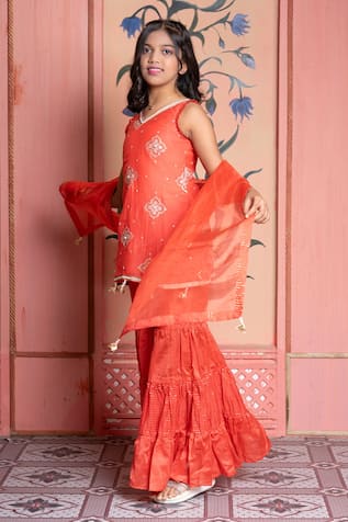 Kirti Agarwal - Pret N Couture Orange Chanderi Embroidered Kurta Sharara Set 
