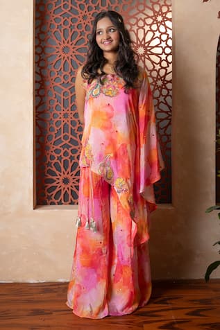 Kirti Agarwal - Pret N Couture Vibrant Pink Crop Top Cape Sharara Set 
