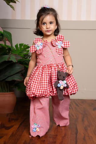 Kirti Agarwal - Pret N Couture Red Gingham Peplum Top & Pant Set 