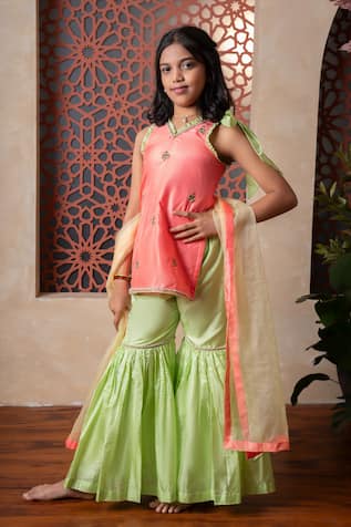 Kirti Agarwal - Pret N Couture Orange & Green Tunic Sharara Set 